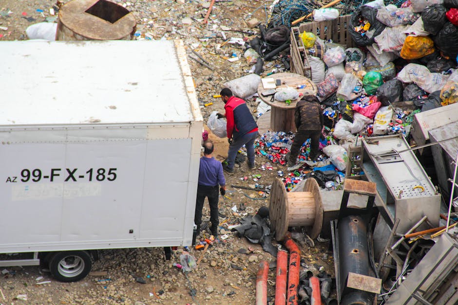 The image depicts an outdoor area used for rubbish removal, featuring numerous stacks of cardboard boxes, primarily labeled with fruit graphics and the word 'fresh fruits,' indicating they were used f
